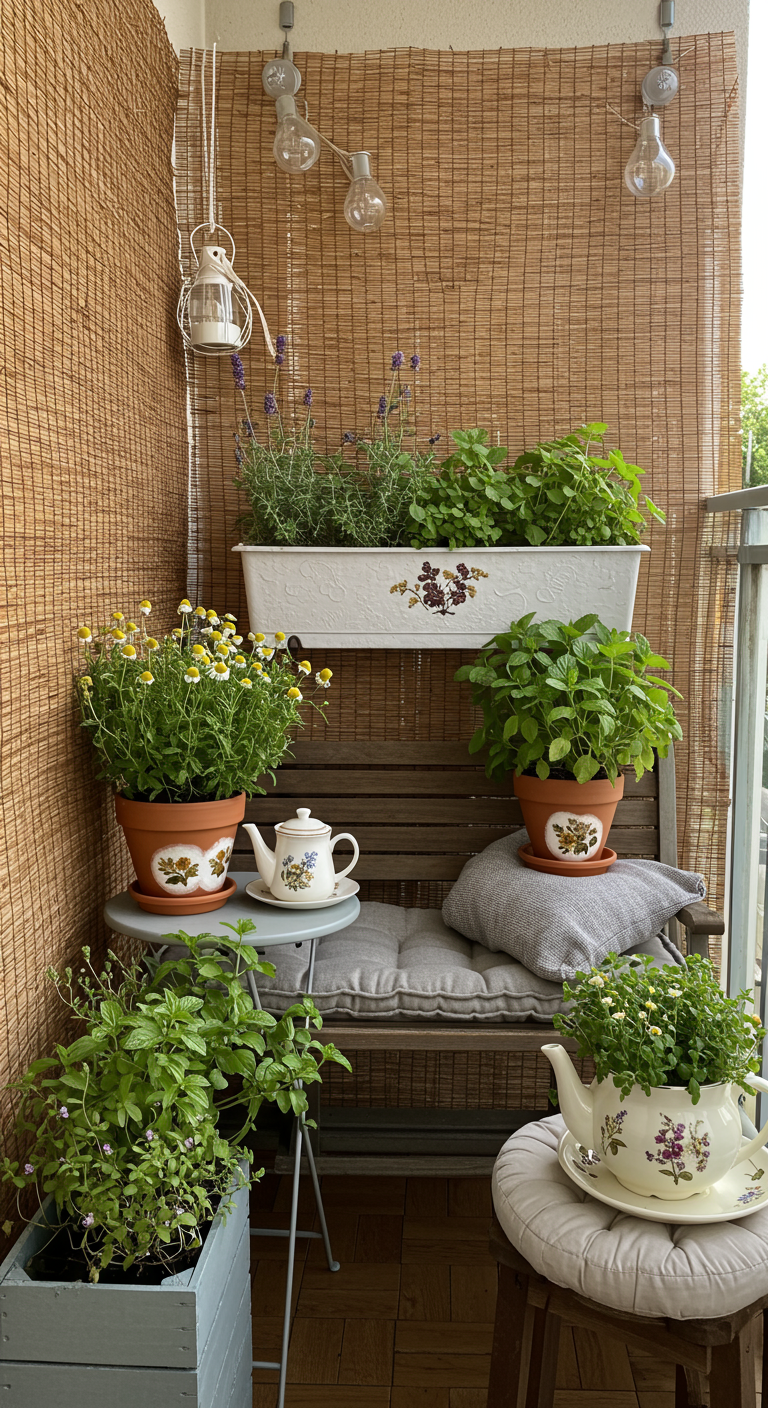 Gemütlicher Balkon mit Kräutern in Teekannen und Vintage-Töpfen, Holzbank, Bambus-Sichtschutz.