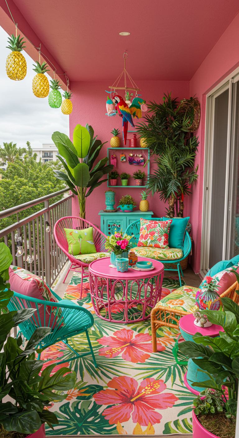 Farbenfroher Balkon in Pink und Türkis mit tropischen Pflanzen und Ananas-Deko.