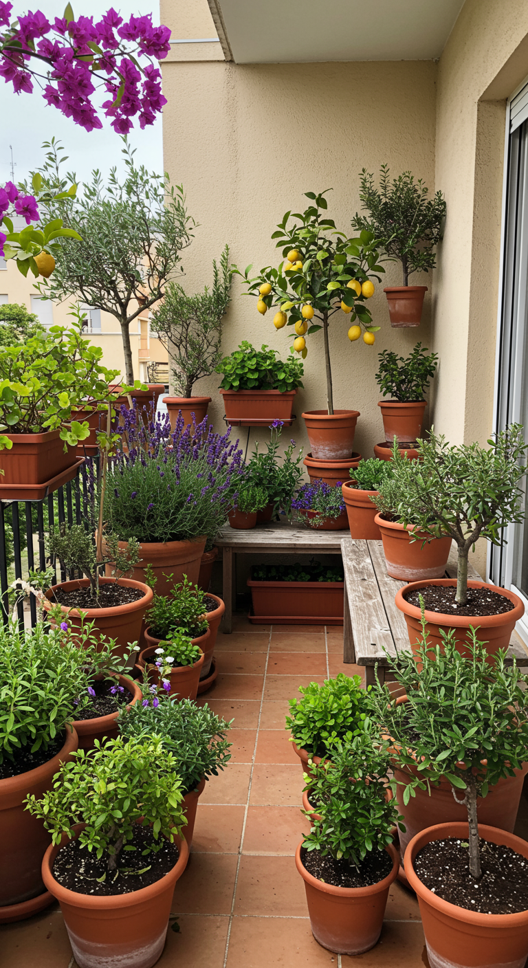 Üppig bepflanzter Balkon mit vielen Terrakottatöpfen und mediterranen Pflanzen.