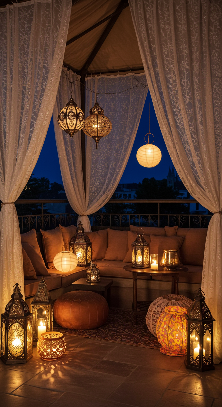 Balkon mit orientalischen Laternen, Baldachin, vielen Kissen und Kerzen bei Nacht.
