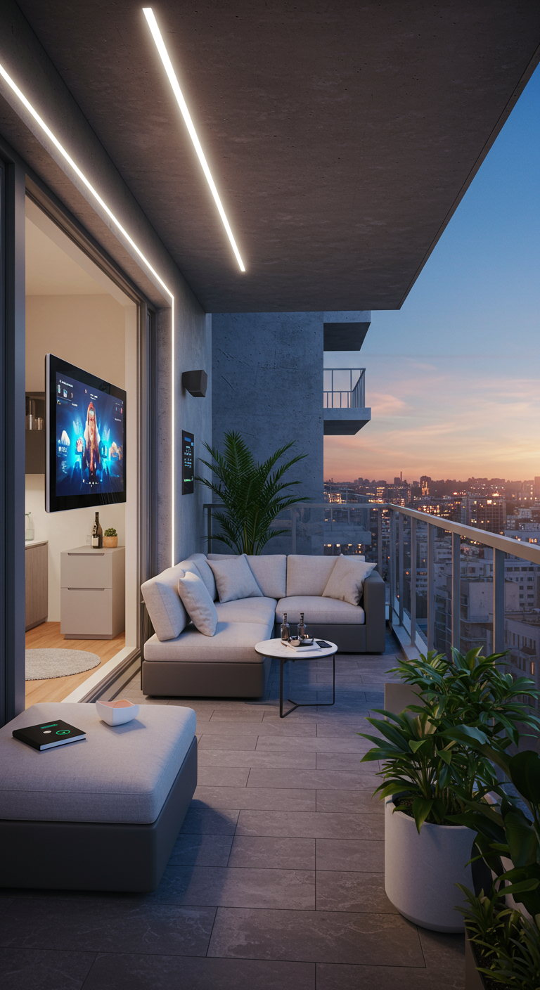 Moderner Balkon mit Lounge-Sofa, Couchtisch und Blick auf einen Fernseher im Innenraum.