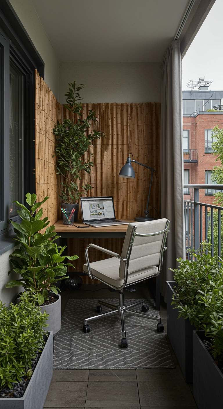 Moderner Balkon-Arbeitsplatz mit Bambus-Sichtschutz, Holztisch und Design-Bürostuhl.
