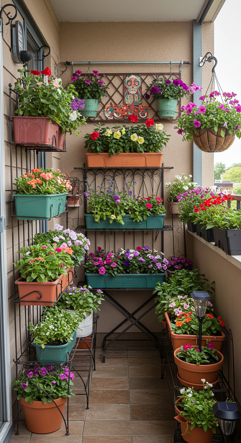 Balkon voller bunter Blumen in Etageren, Regalen, Töpfen und Hängeampeln.
