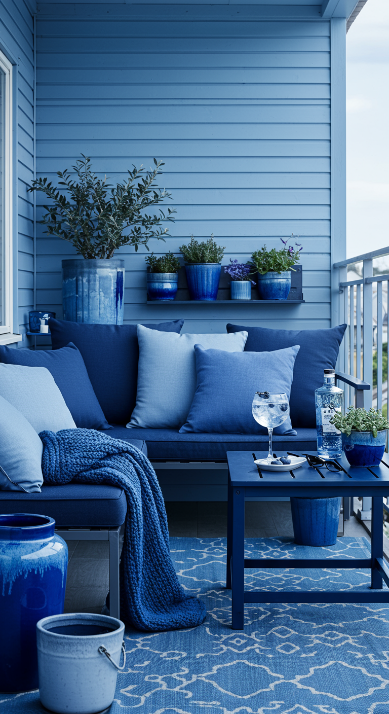 Balkon komplett in Blautönen mit blauer Wand, Möbeln und Deko.