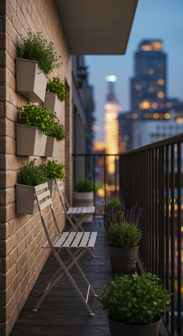 Hochhausbalkon mit Kräuterwand, Klappstühlen und Blick auf die Skyline bei Nacht.