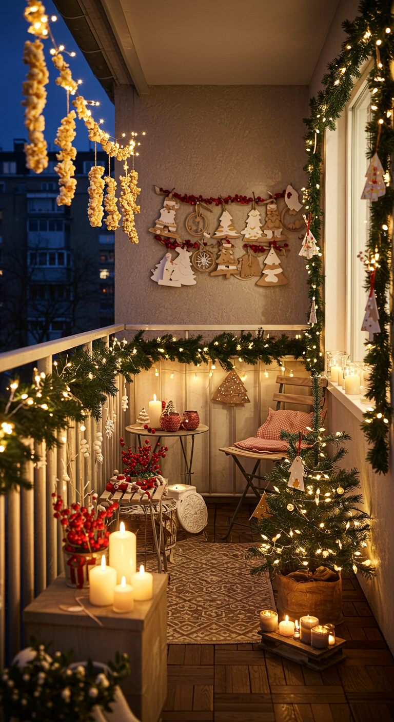 Balkon mit viel selbstgemachter Weihnachtsdeko aus Holz und Naturmaterialien.