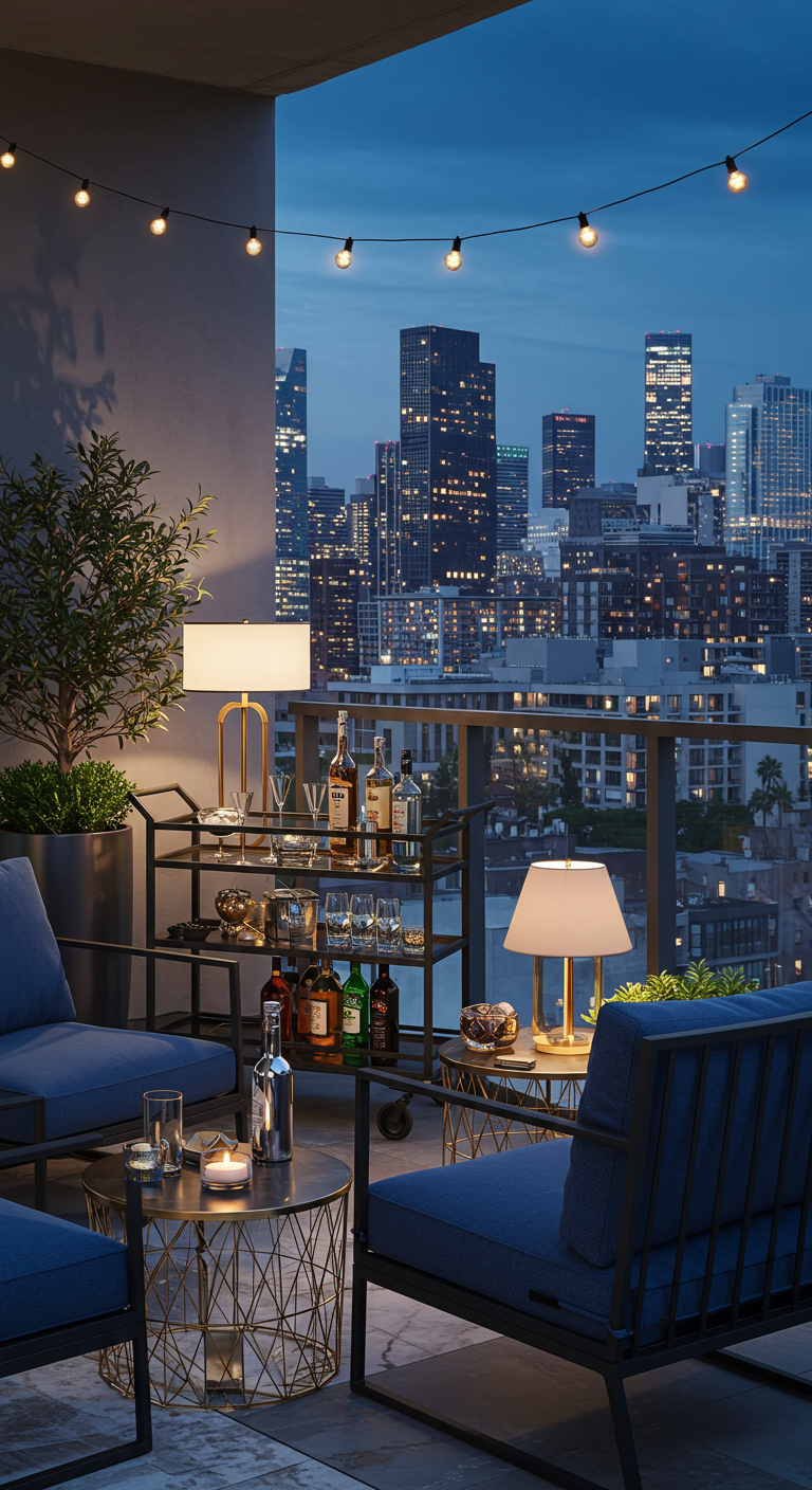 Eleganter Balkon bei Nacht mit einem Servierwagen, der als mobile Bar und Stauraum dient.