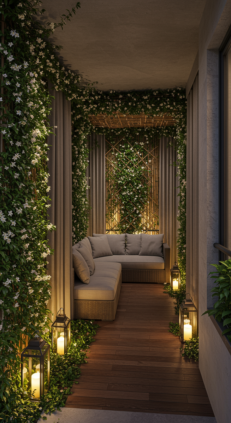 Schmaler, langer Balkon mit Kletterjasmin, Ecksofa und vielen Laternen bei Nacht.