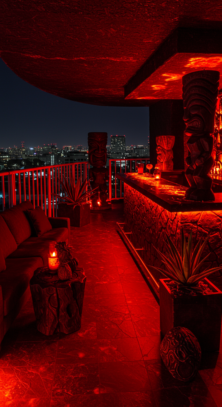 Balkon-Bar in dramatisches rotes Licht getaucht, mit Tiki-Figuren und Stadtblick.
