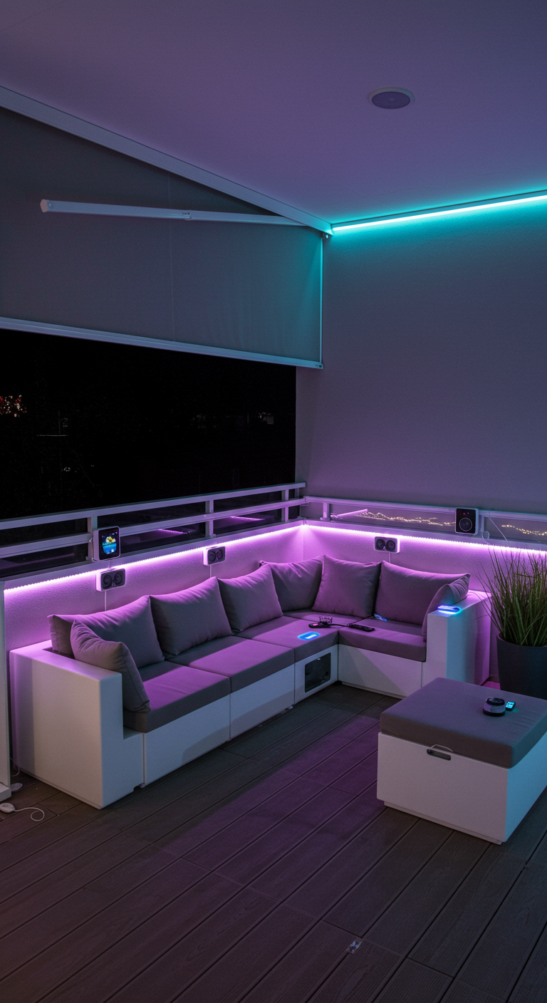 Moderner Eckbalkon mit weißem Sofa und violetter LED-Beleuchtung bei Nacht.