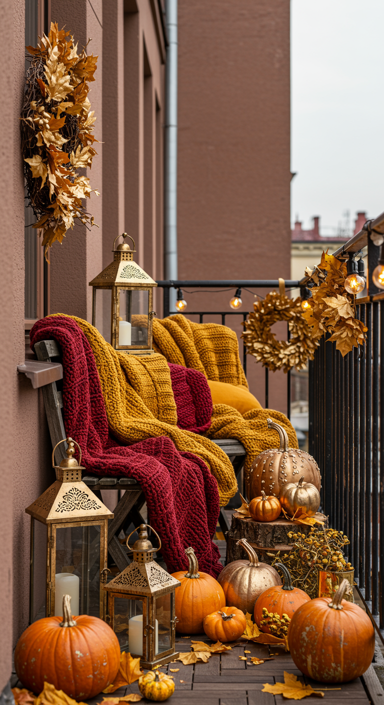 Herbstlich dekorierter Balkon mit goldenen Kürbissen, Laternen, Kränzen und warmen Decken.