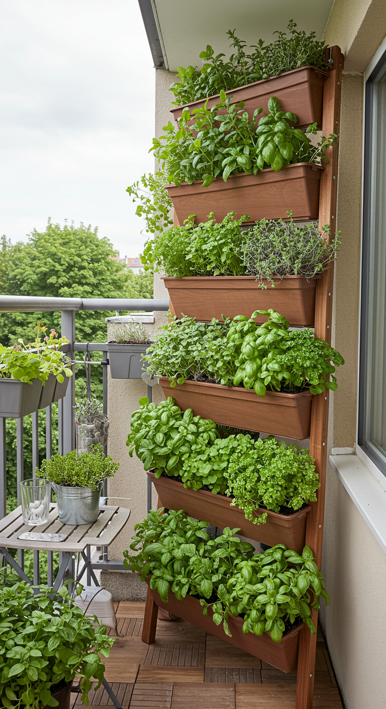 Vertikales Kräuterbeet auf einem Balkon mit verschiedenen Kräutersorten.