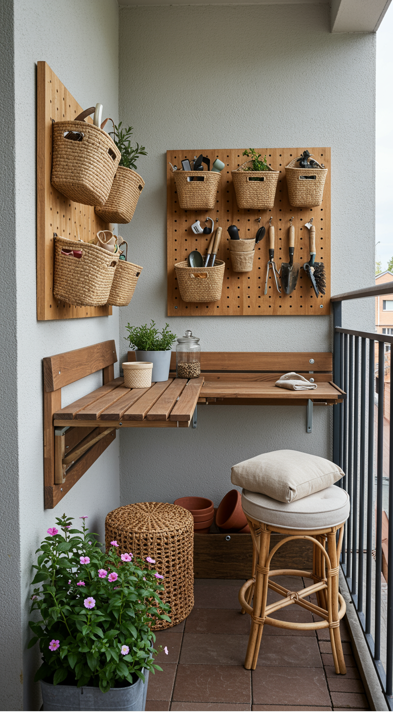 Kleiner Balkon mit Holz-Klapptisch, Rattanhocker und Stecktafel-Organizer.