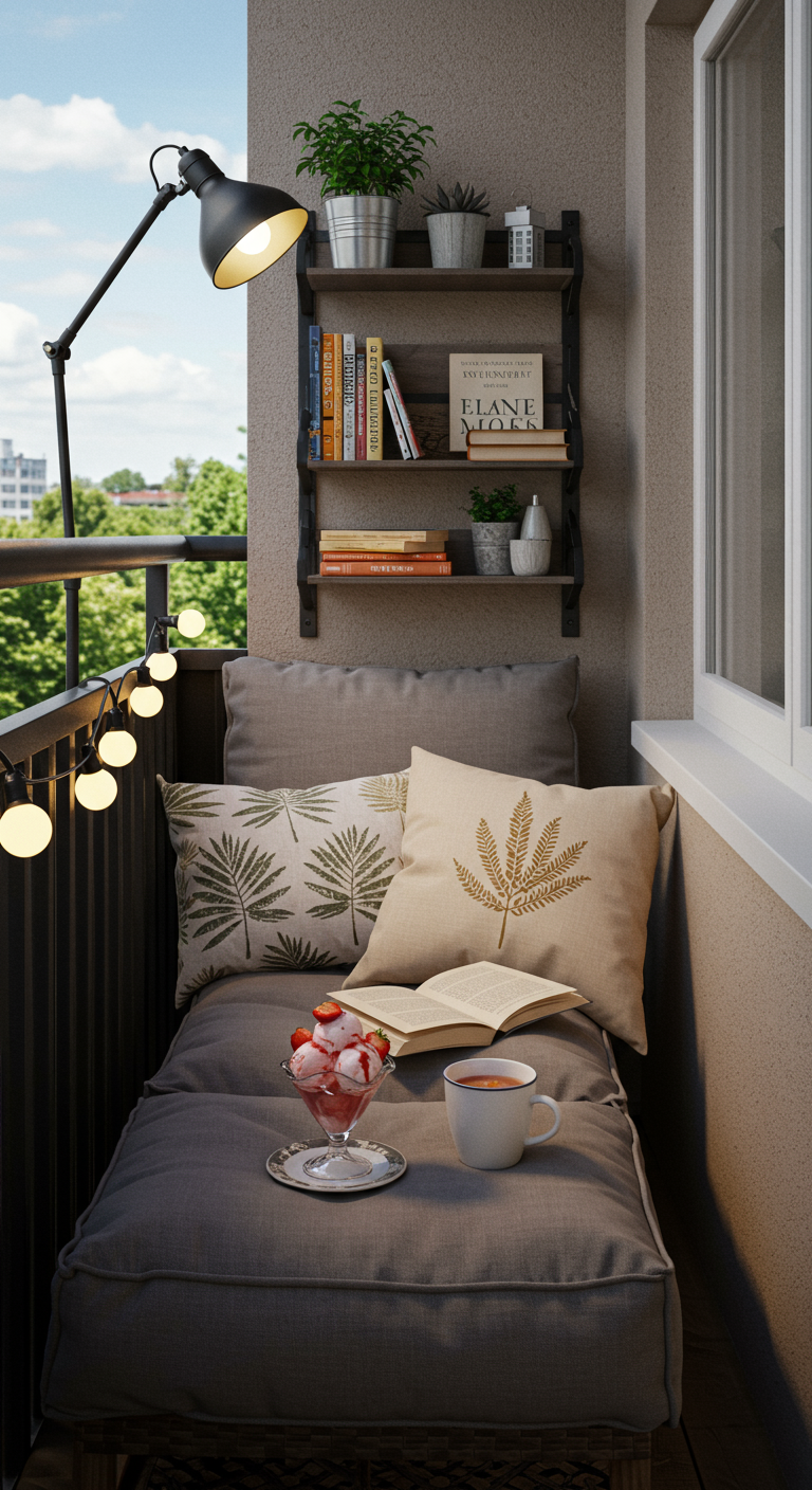 Schmale Leseecke auf Balkon mit Chaiselongue, Bücherregal und Leselampe.