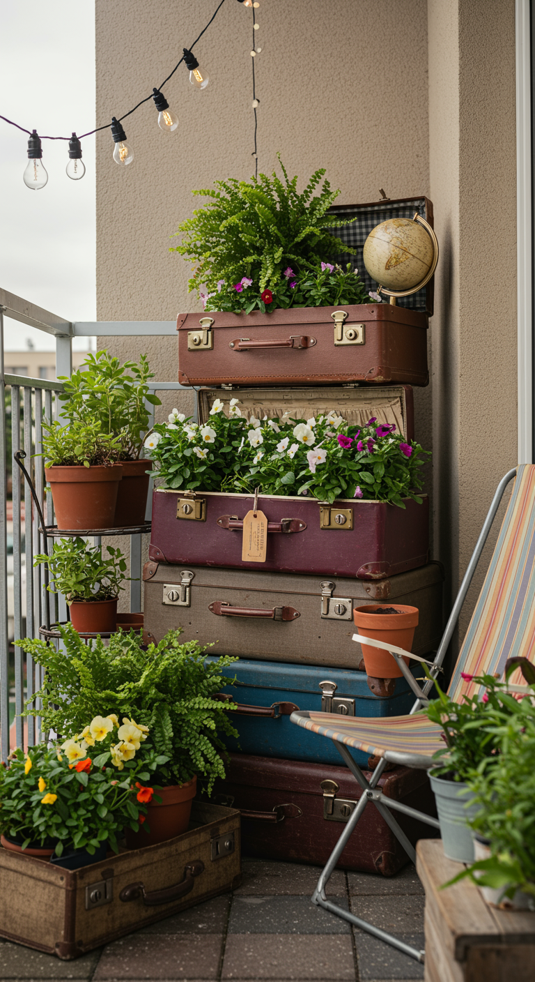 Gestapelte Vintage-Koffer als Pflanzgefäße mit Blumen und Farnen auf einem Balkon.
