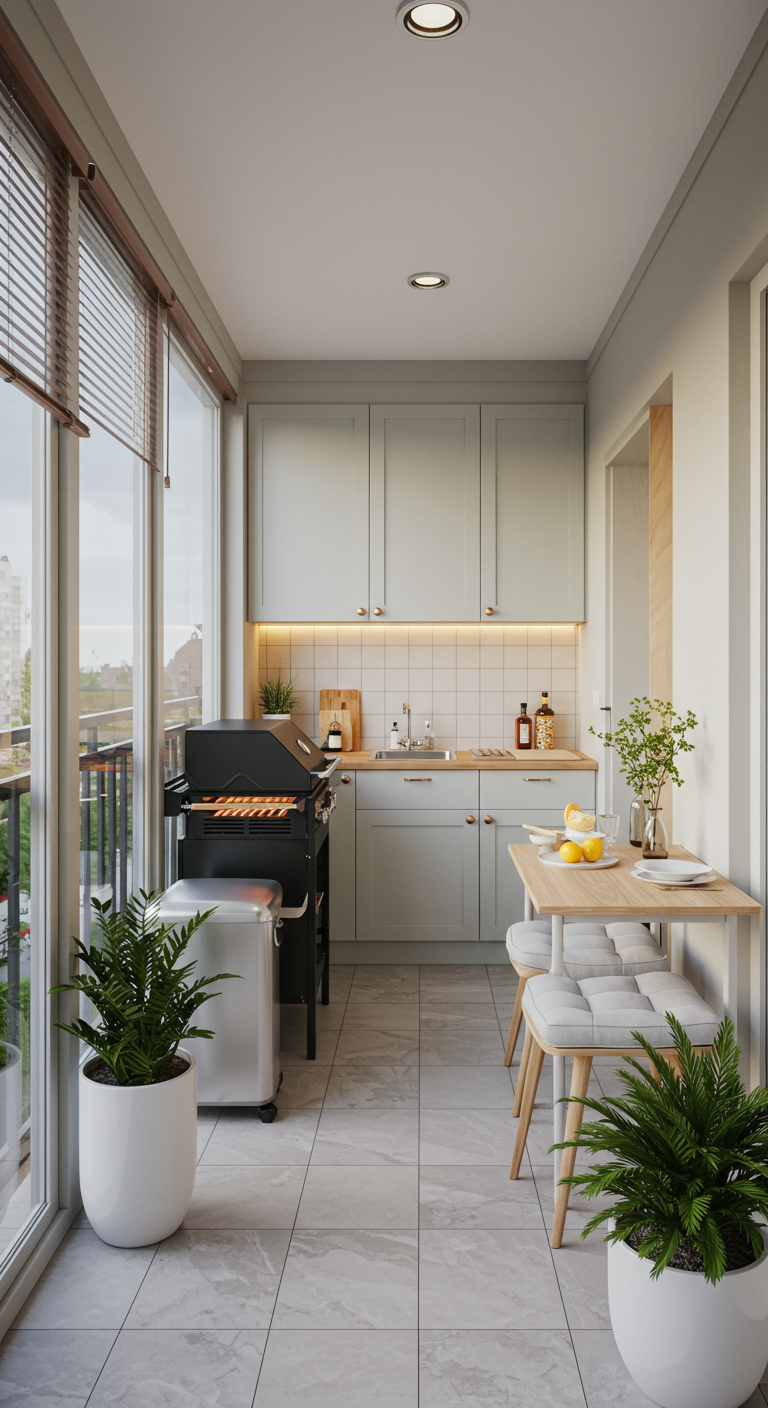 Schmaler Balkon mit heller Küchenzeile, kleinem Grill und Esstisch für zwei.
