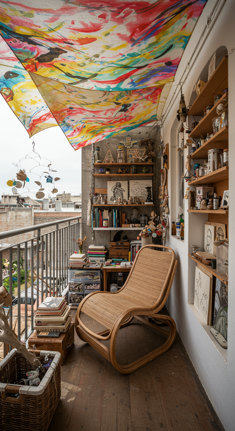 Künstlerisch-eklektischer Balkon mit Rattanschaukelstuhl, vielen Regalen voller Bücher und Deko.