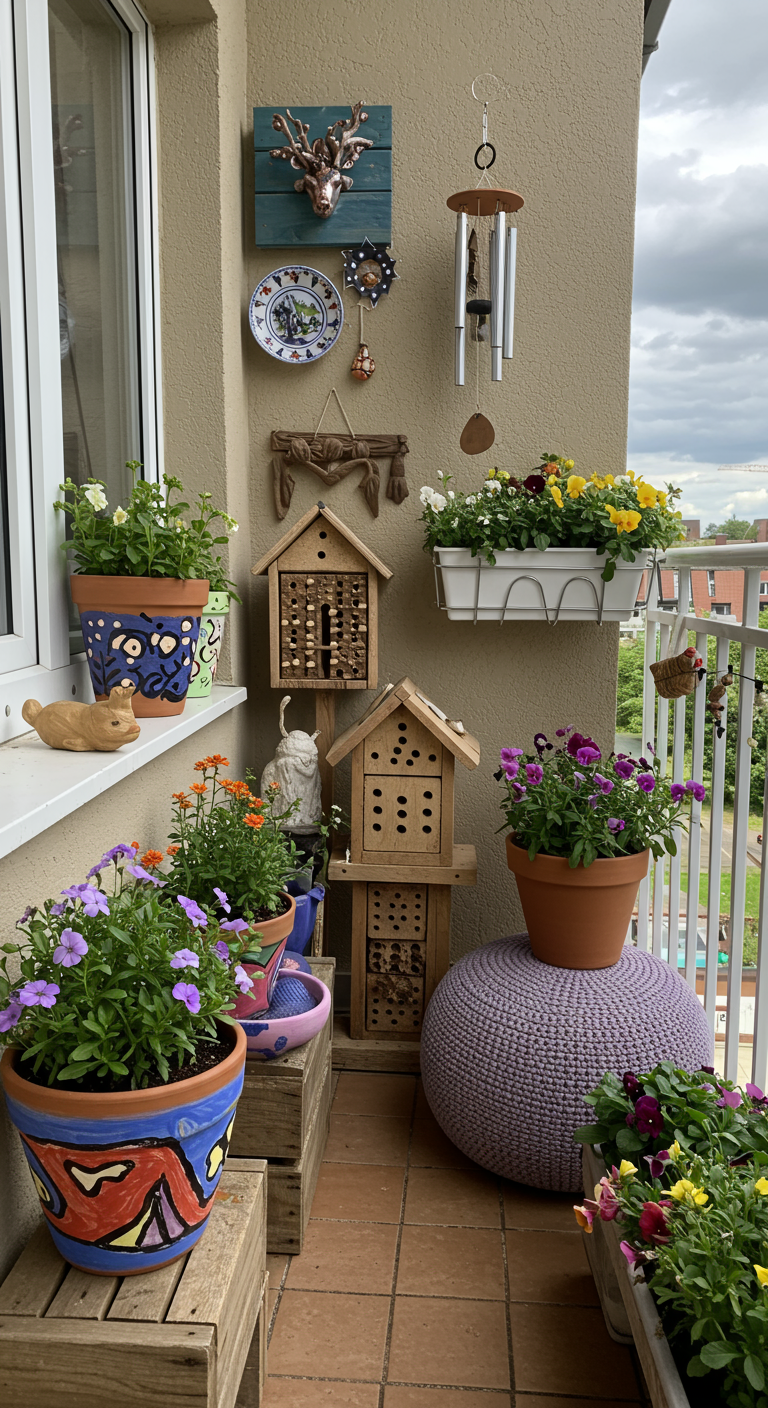 Kunterbunter Balkon mit bemalten Töpfen, Windspielen und verschiedenen Insektenhotels.