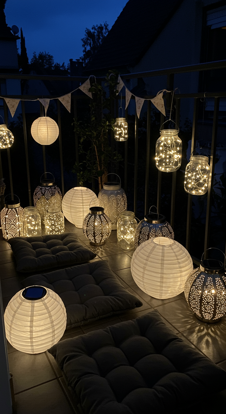 Balkon bei Nacht, dekoriert mit vielen leuchtenden Lampions, Laternen und Bodenkissen.
