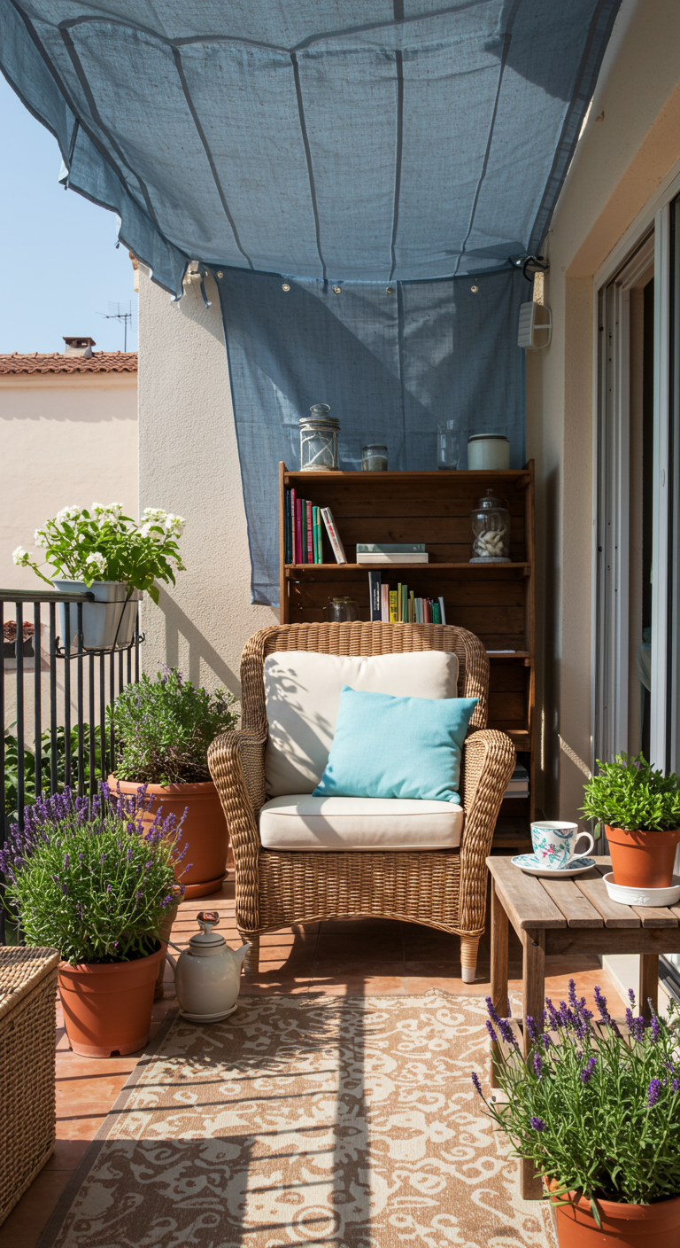 Gemütlicher Balkon mit blauem Stoff als Sonnenschutz, Korbsessel, Bücherregal und Lavendel.