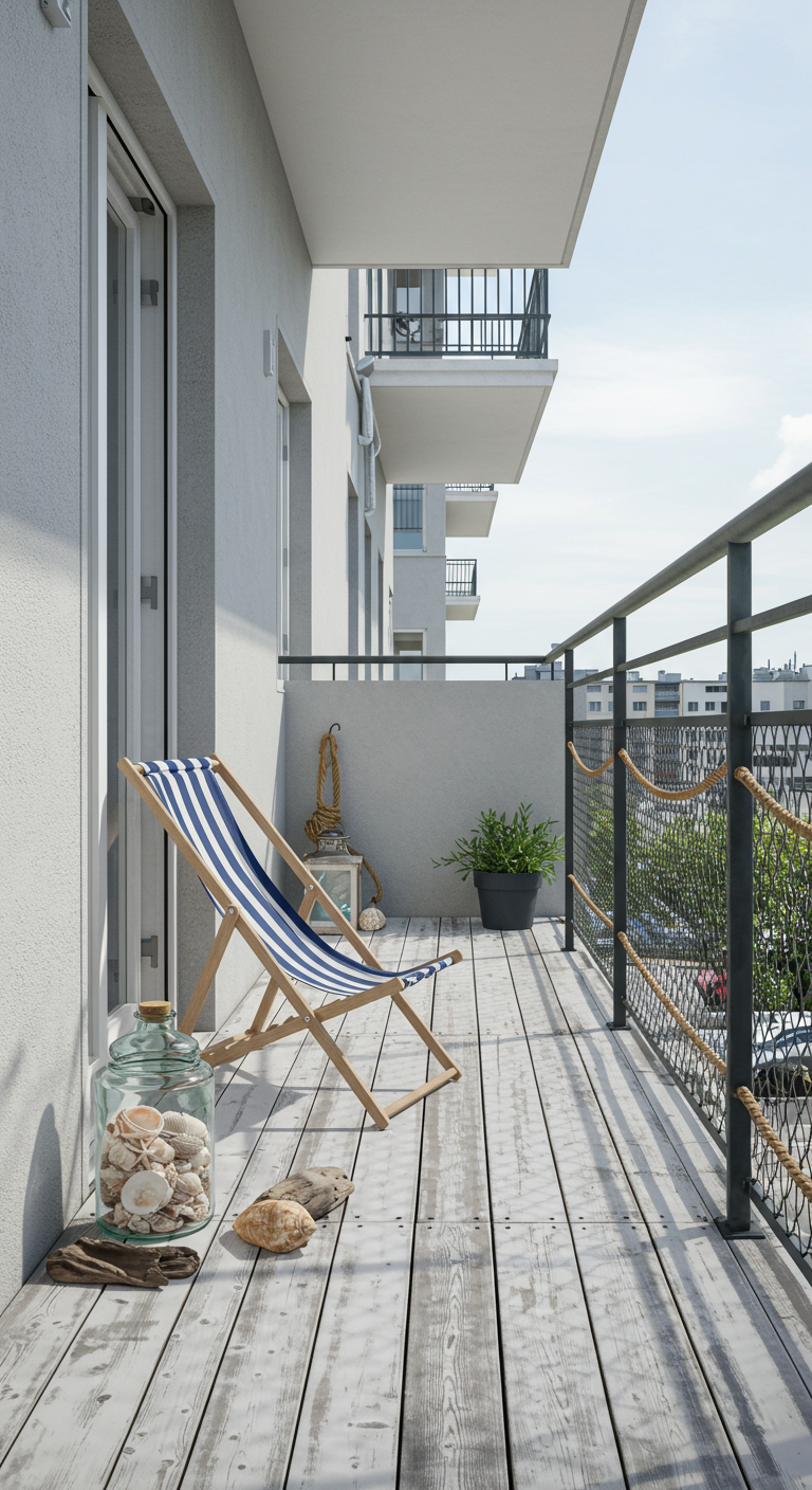 Schmaler Balkon mit Liegestuhl, Holzboden und maritimer Deko wie Muscheln.