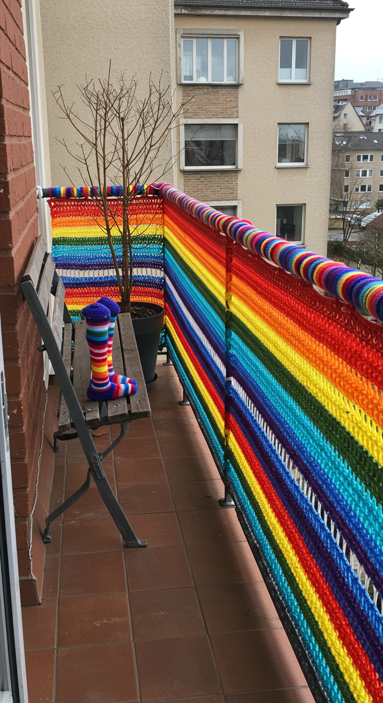 Balkongeländer umhüllt mit einem gestrickten oder gehäkelten Bezug in Regenbogenfarben.