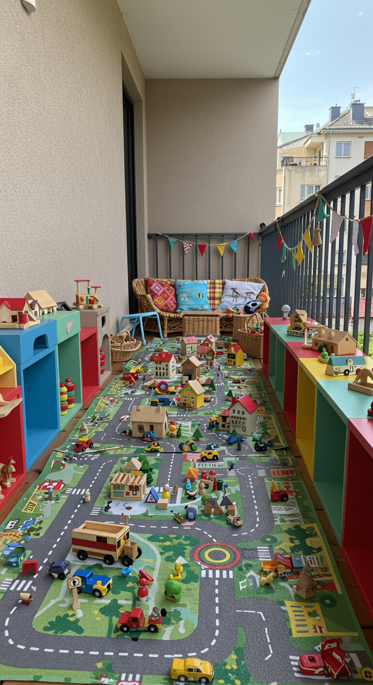 Balkon mit Spielteppich-Straße, Holzspielzeug-Stadt und bunten Regalen.