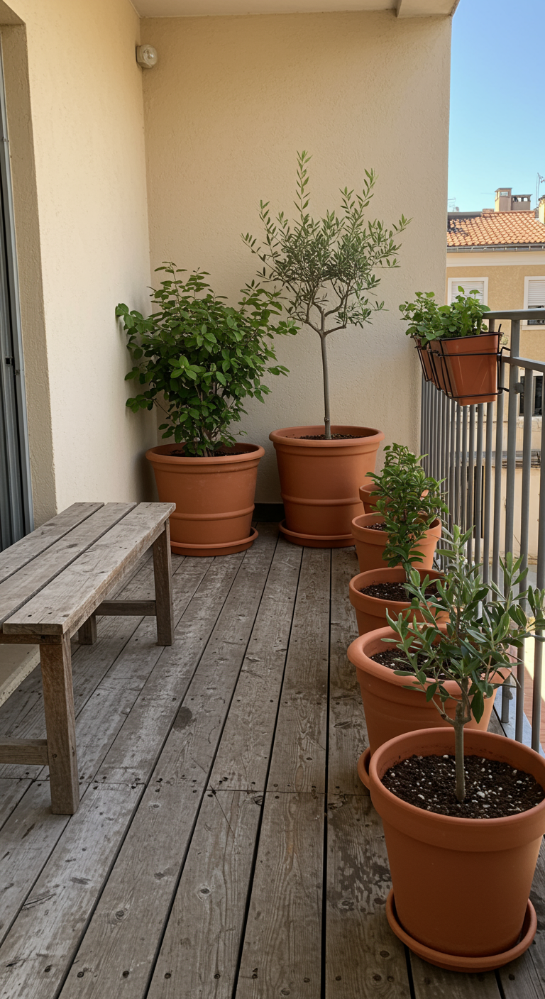 Balkon mit Holzboden, Holzbank und Terrakotta-Töpfen mit Olivenbäumchen und Kräutern.