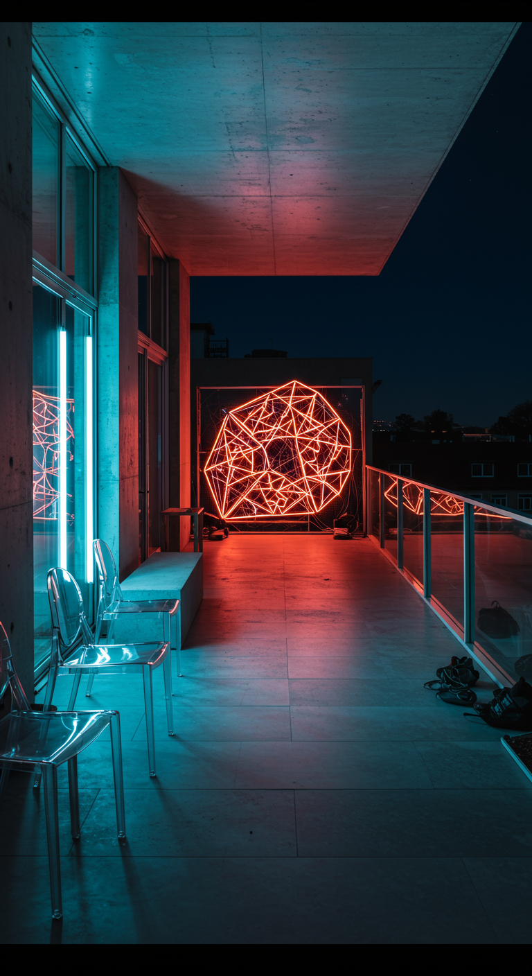 Moderner Betonbalkon bei Nacht mit einer großen, abstrakten Neon-Lichtkunst-Installation.