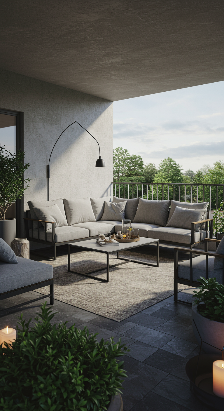 Großer Nordbalkon mit modernem Lounge-Sofa, Teppich und Bogenleuchte.