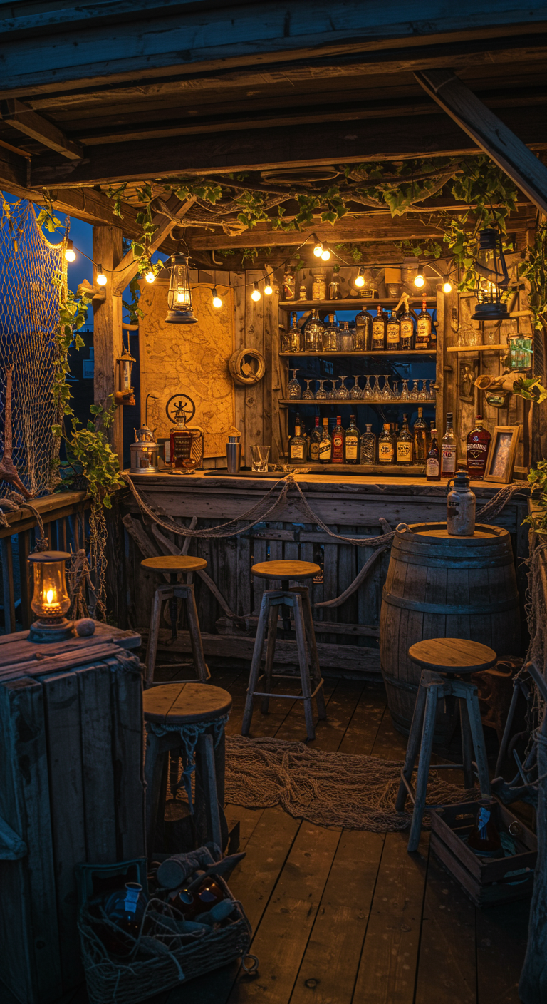 Rustikale Balkonbar im Piratenstil mit Holzfass, Fischernetzen, Schatzkarte und Laternen.