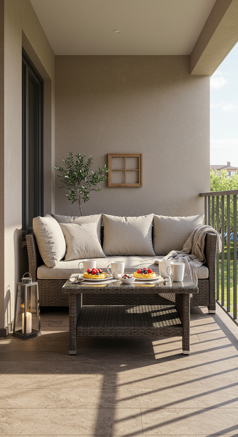 Gemütliches Frühstück auf einer Outdoor-Couch mit Kissen und Laterne auf einem Balkon.