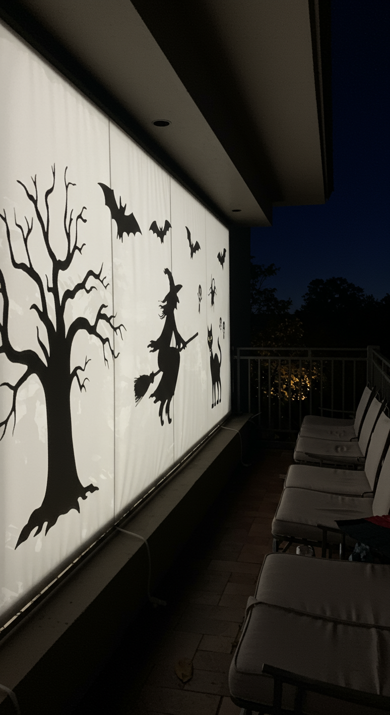 Hinterleuchtete Wand mit schwarzen Halloween-Silhouetten von Baum, Hexe und Katze.