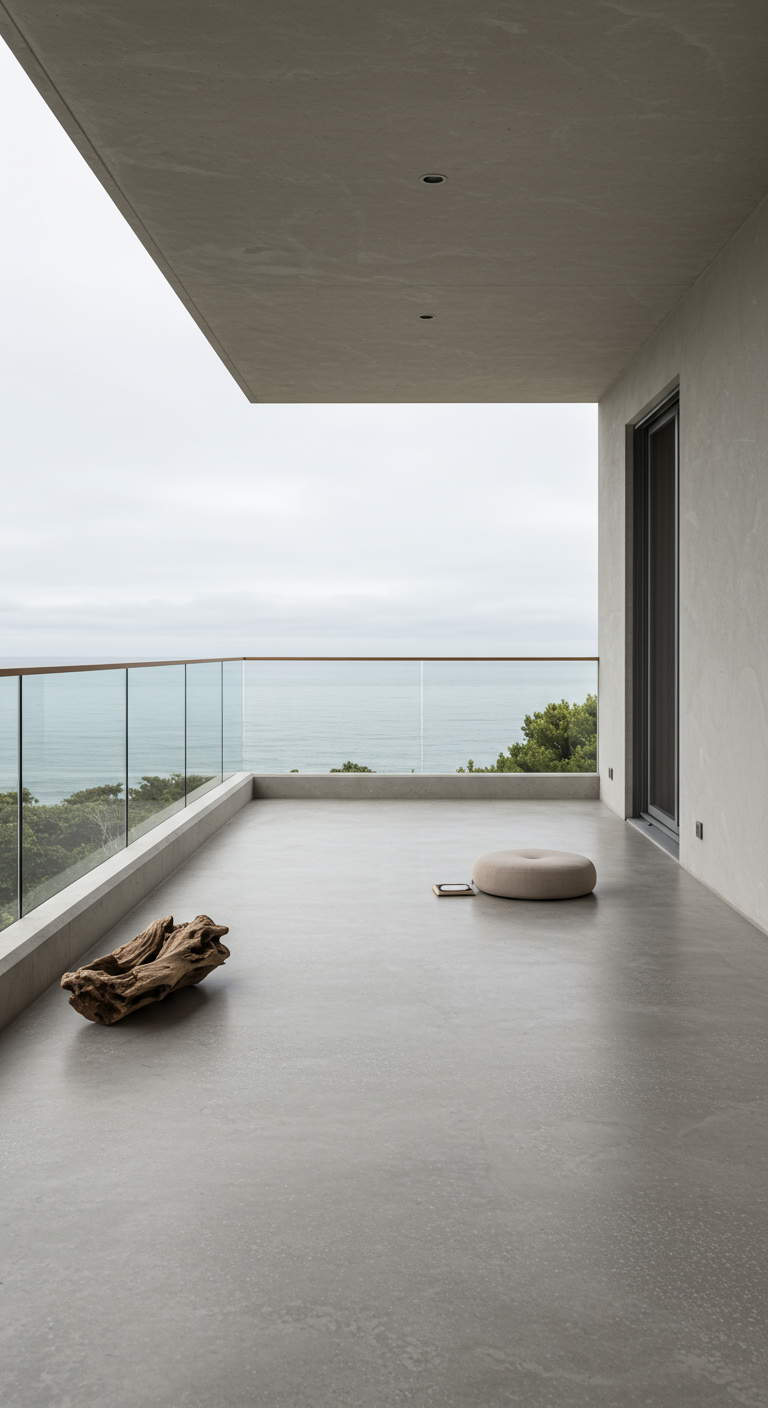 Sehr minimalistischer Balkon mit Betonboden, Treibholz und Sitzkissen mit Meerblick.