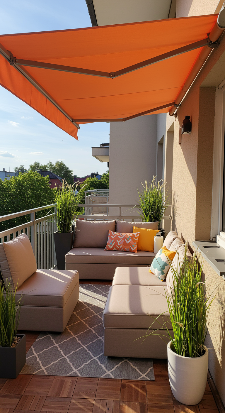 Balkon mit beigen modularen Loungemöbeln, einer orangen Markise und hohen Gräsern in Töpfen.