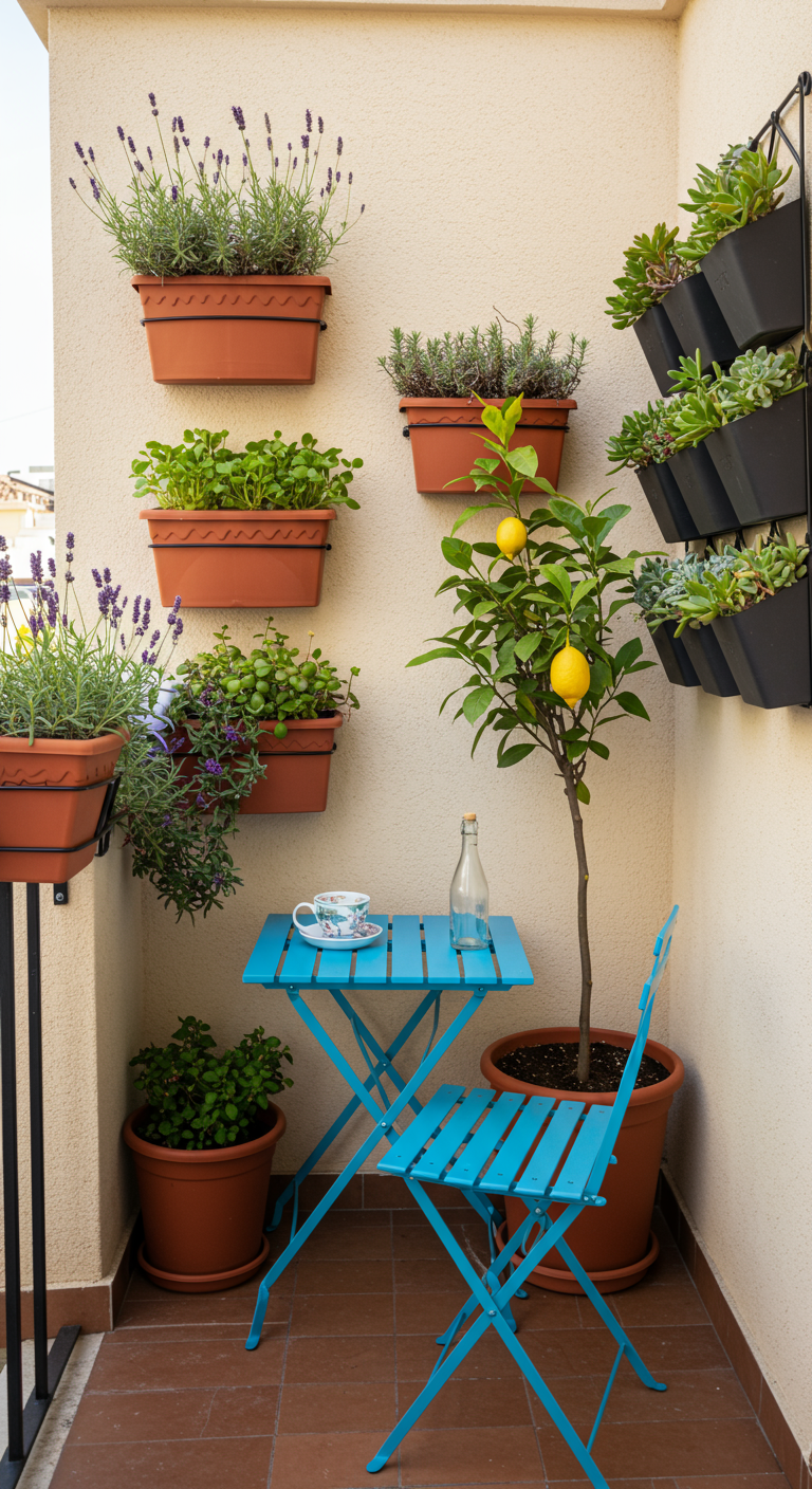 Balkon mit türkisen Bistromöbeln, Wandpflanzen und Zitronenbaum.
