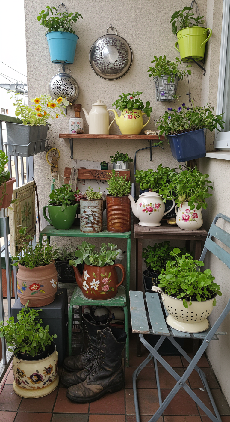 Kreativ bepflanzter Balkon mit Vintage-Gegenständen wie Teekannen und alten Dosen als Pflanztöpfe.