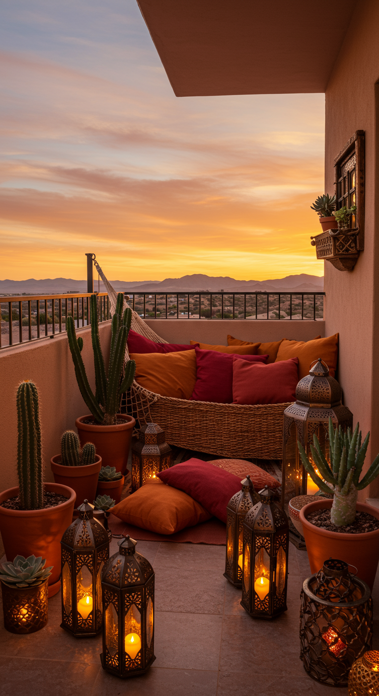 Balkon im Wüstenstil mit Hängematte, Kakteen und orientalischen Laternen bei Sonnenuntergang.