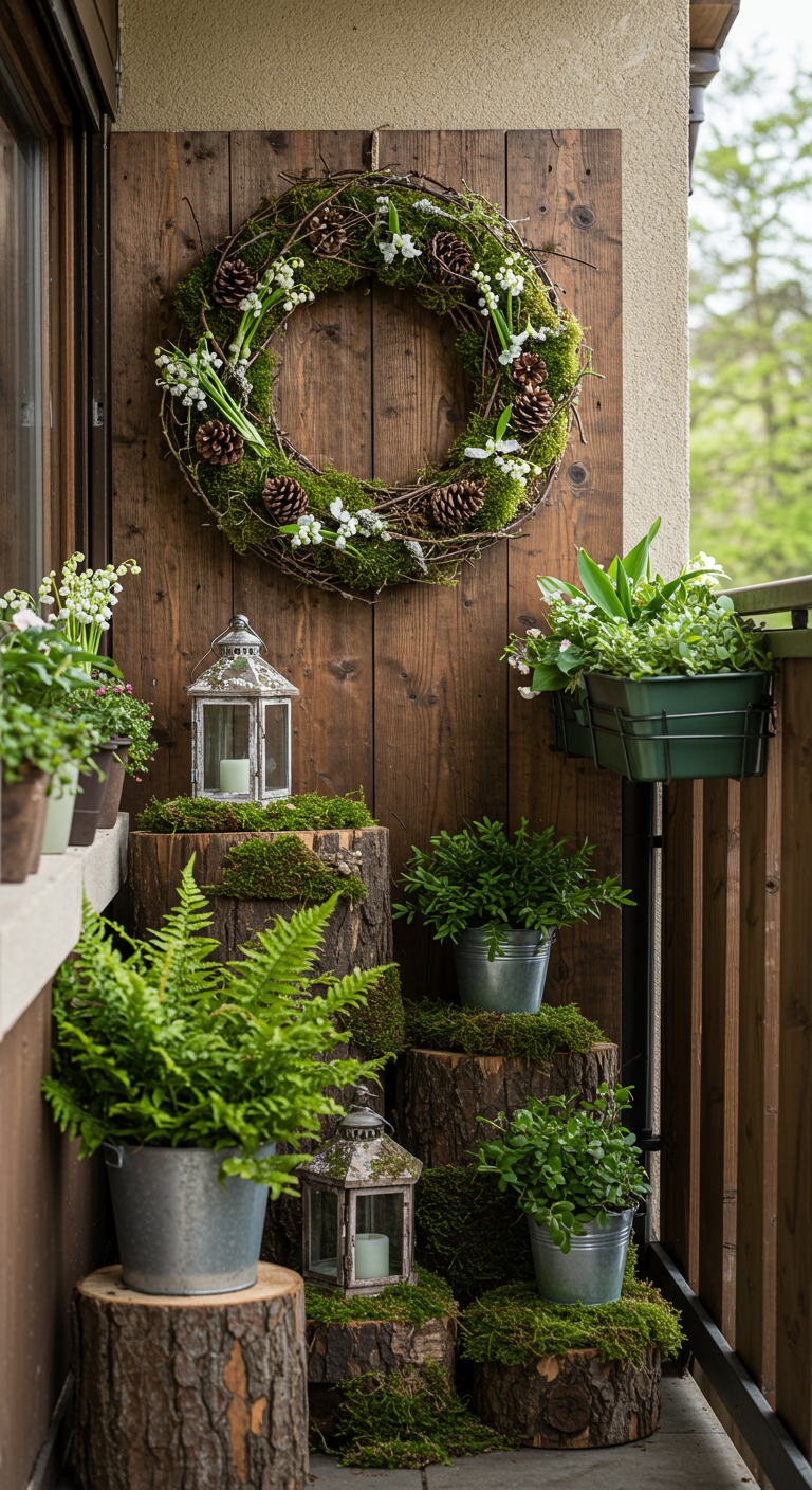 Balkon mit Wald-Deko, Maiglöckchen-Kranz, Baumstümpfen und Laternen.