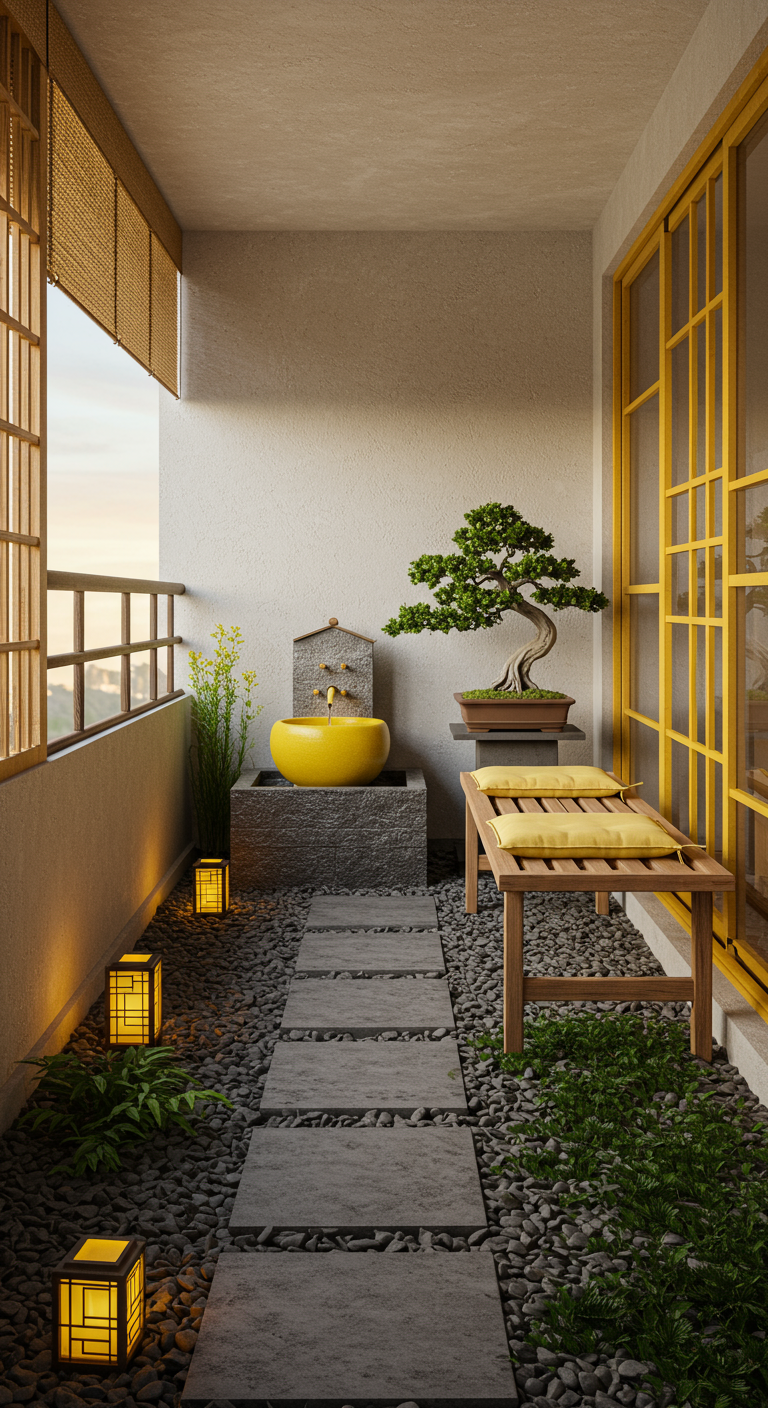 Zen-Balkon mit Steinweg, Holzbank, gelbem Wasserspiel und Bonsai.