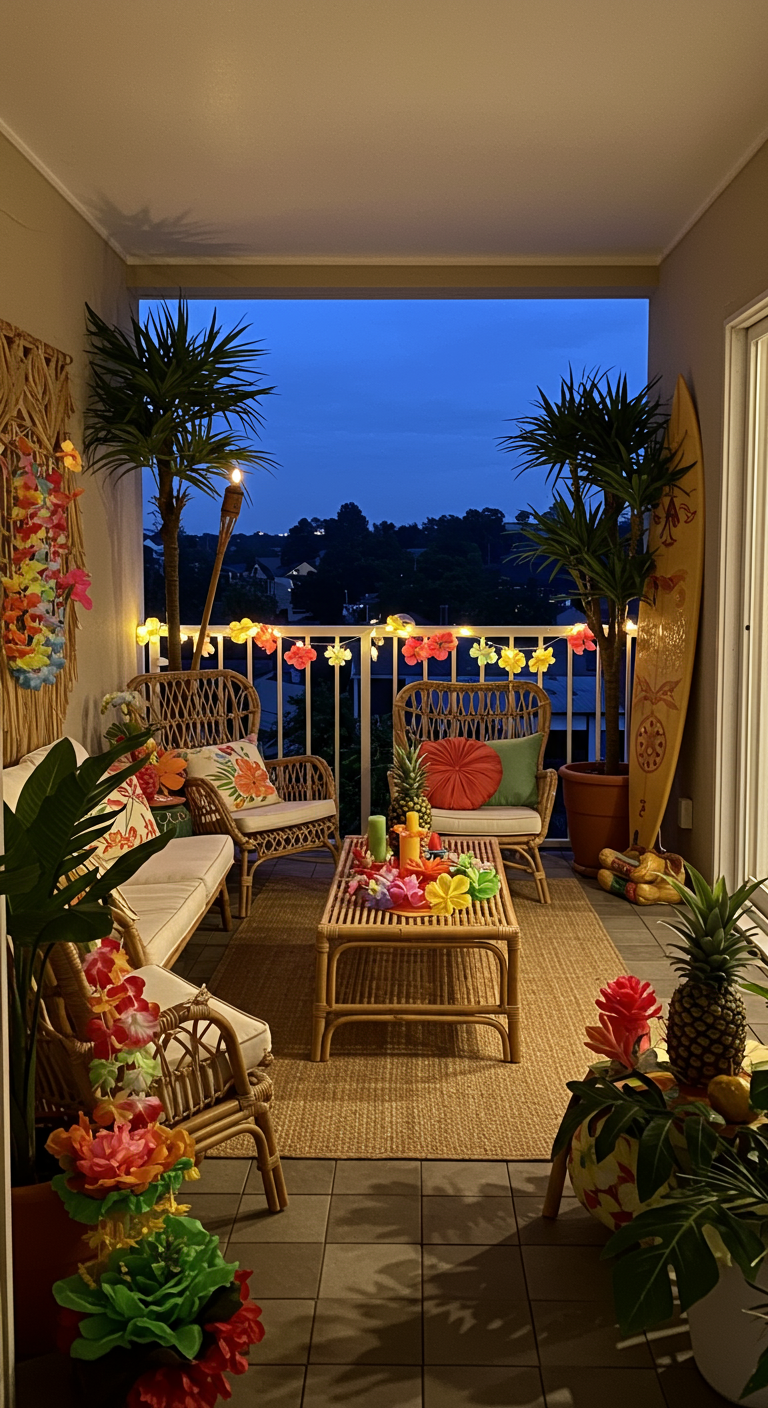 Balkon bei Dämmerung mit Hawaii-Deko, Rattanmöbeln, Palmen und Lichterketten.