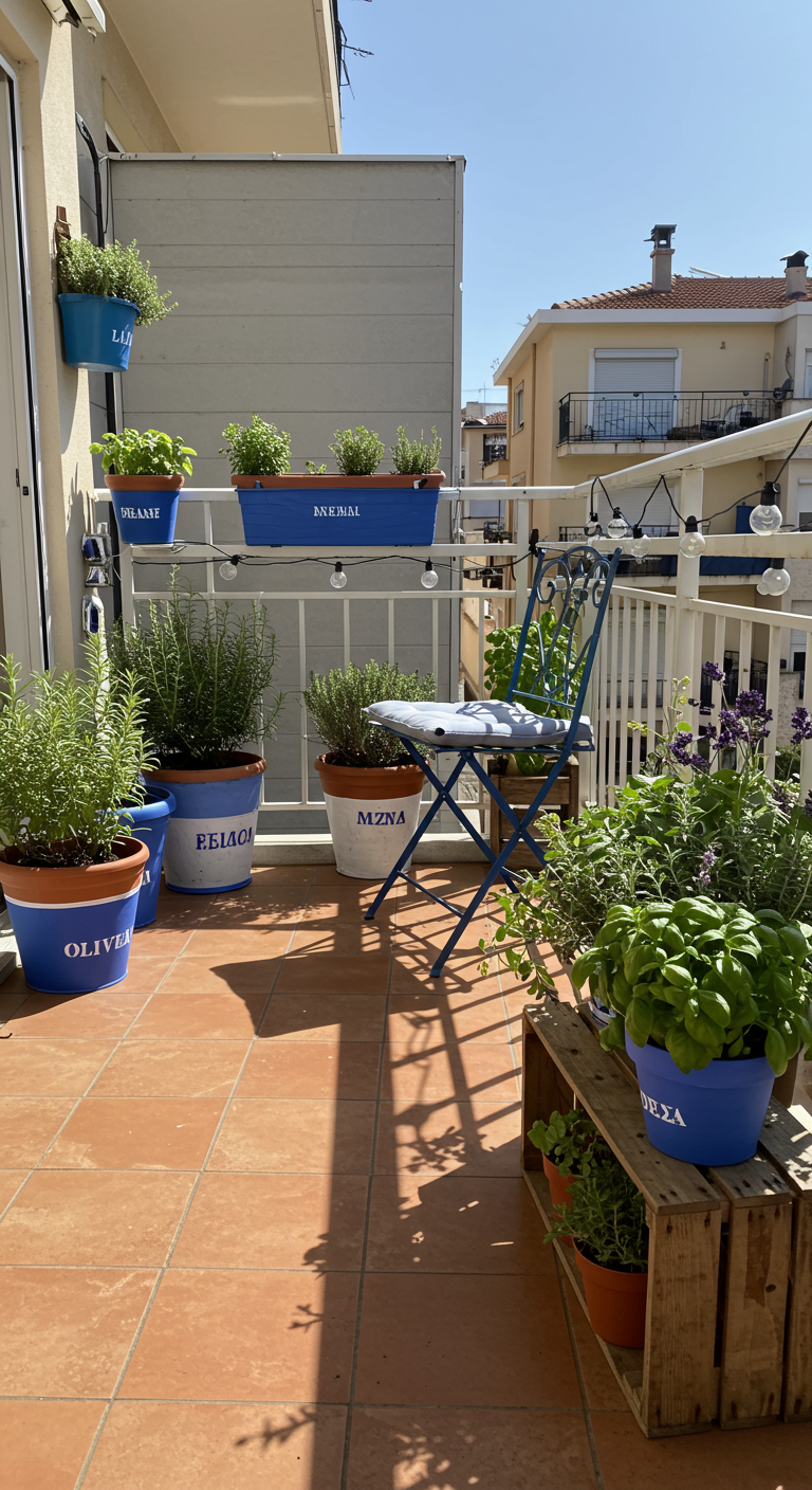 Mediterraner Kräuterbalkon mit blau-weiß bemalten Töpfen, Holzkiste und Lichterkette.