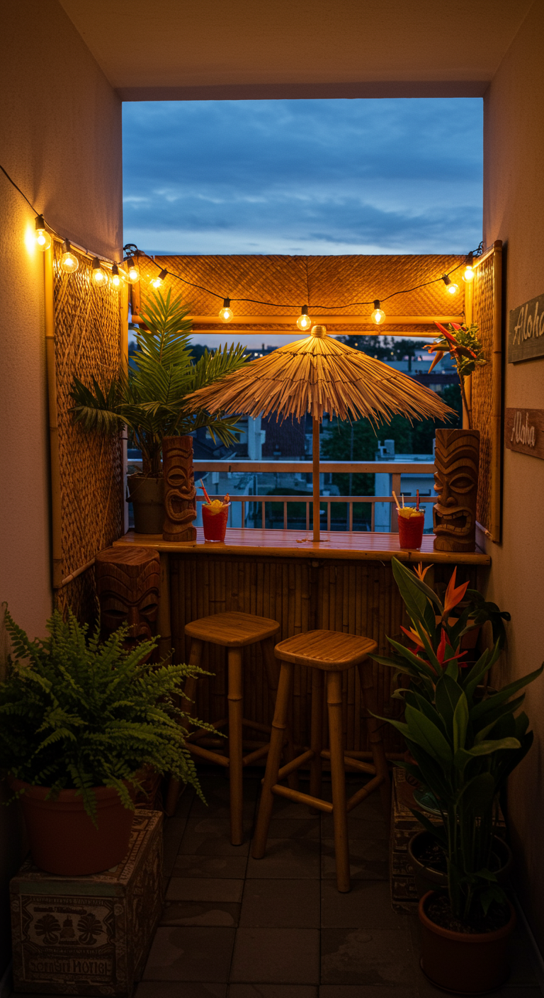 Kompakte Tiki-Bar auf kleinem Balkon mit Bambusverkleidung und Lichterkette.