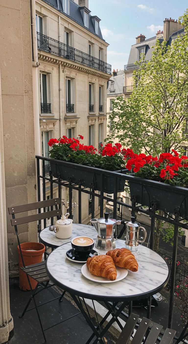 Pariser Balkon mit Bistro-Tisch, Kaffee, Croissants und roten Geranien.