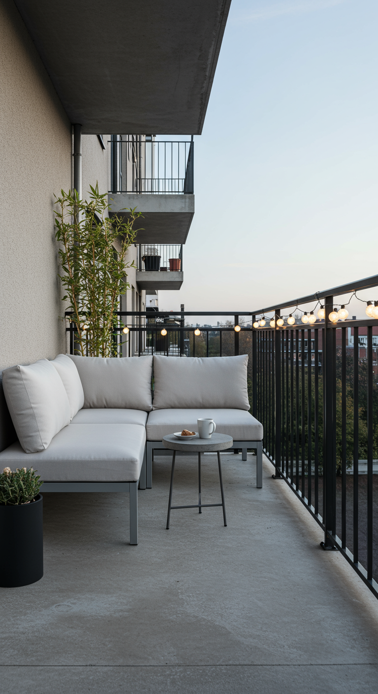 Minimalistischer Balkon mit hellem Ecksofa, Bambuspflanze und Lichterkette am Abend.