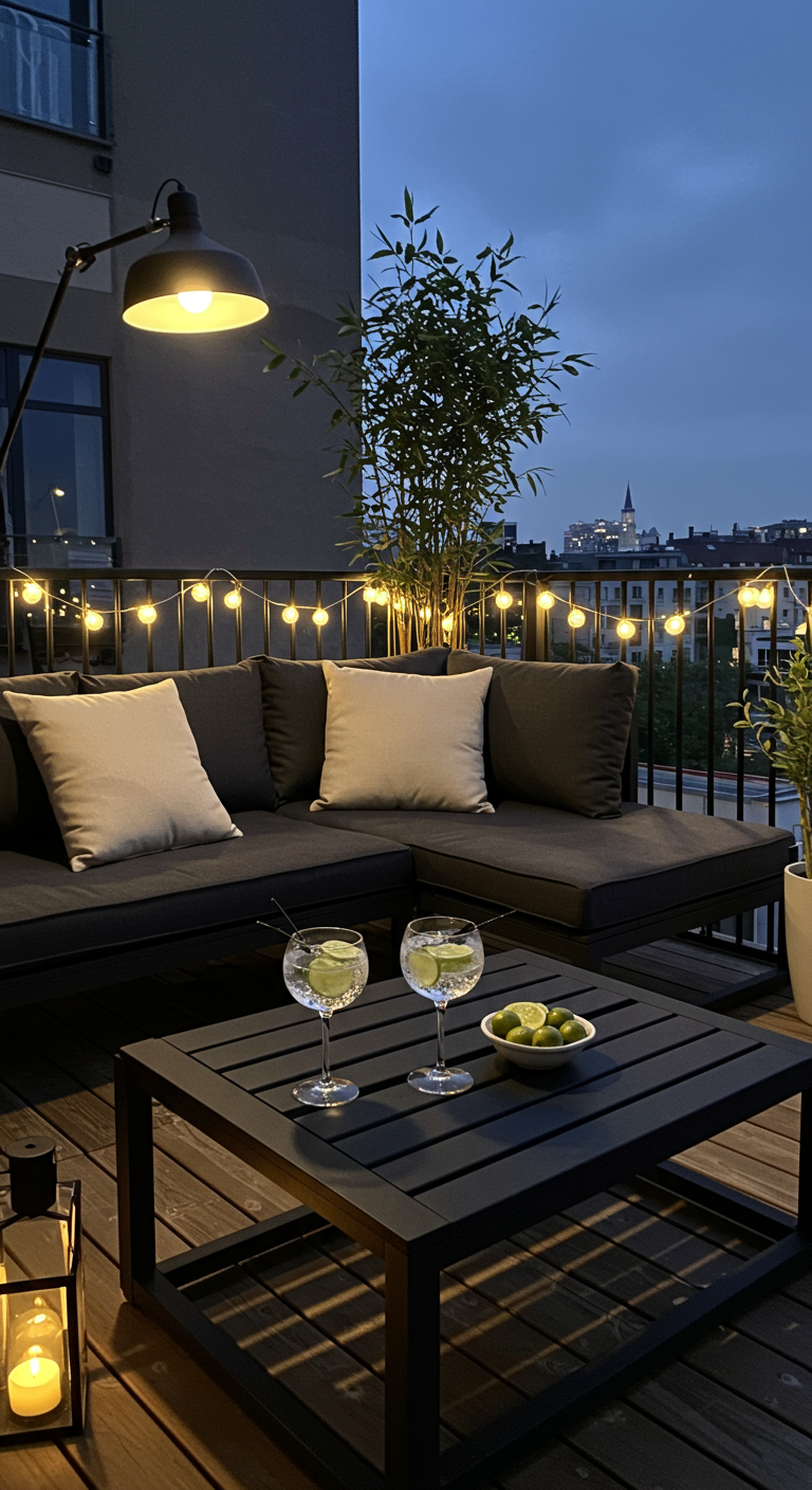 Moderner Balkon bei Dämmerung mit Lounge-Sofa, Lichterkette und Gin Tonics.