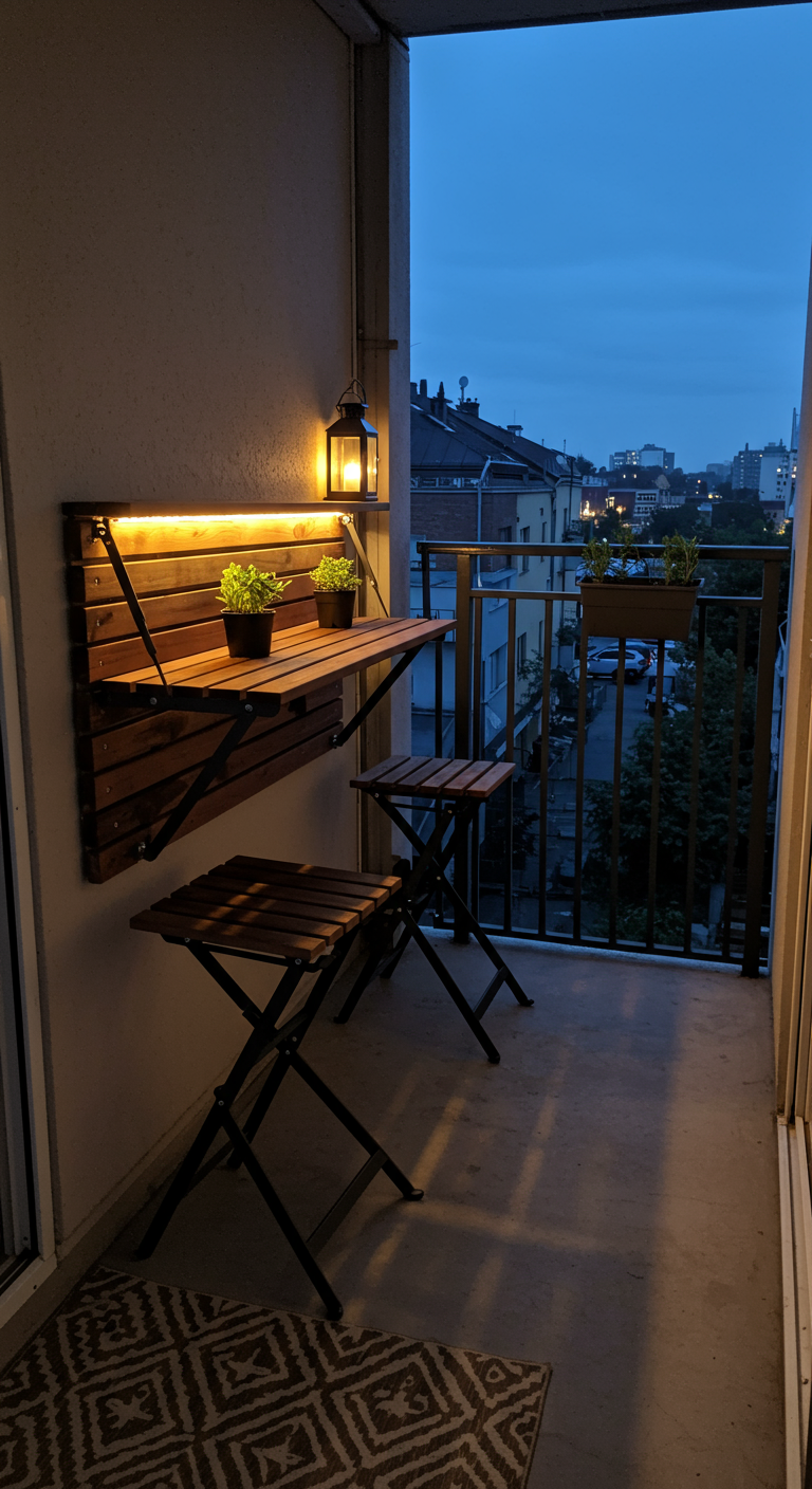 Klappbarer Holztisch mit Stühlen auf kleinem Balkon bei Dämmerung, beleuchtet von Laterne und LED.