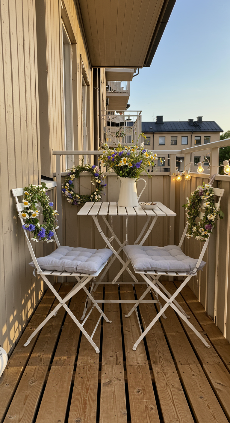 Weißes Bistro-Set auf Holzbalkon mit Midsommar-Blumenkränzen und Lichterkette.