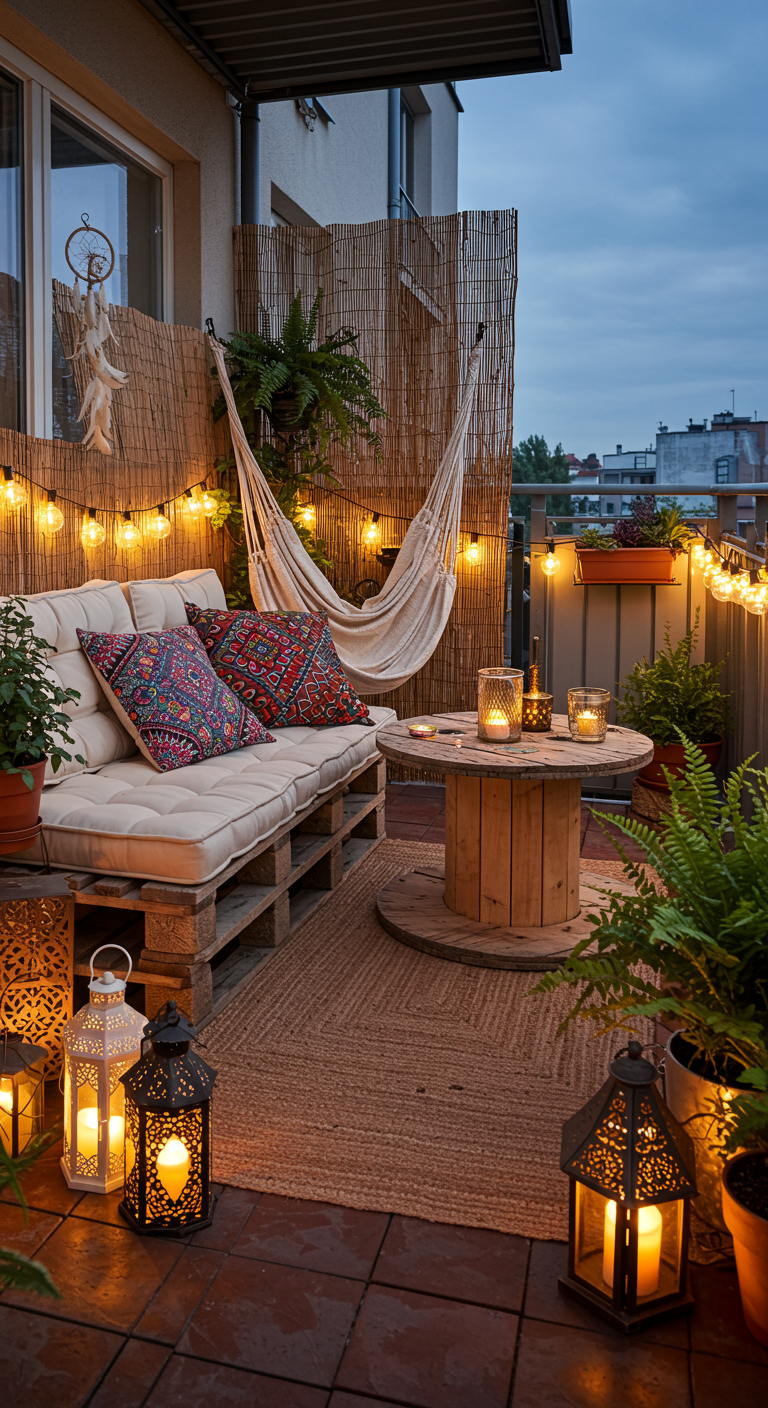 Gemütlicher Balkon: Palettensofa, Hängematte, Lichterketten, Laternen bei Dämmerung.