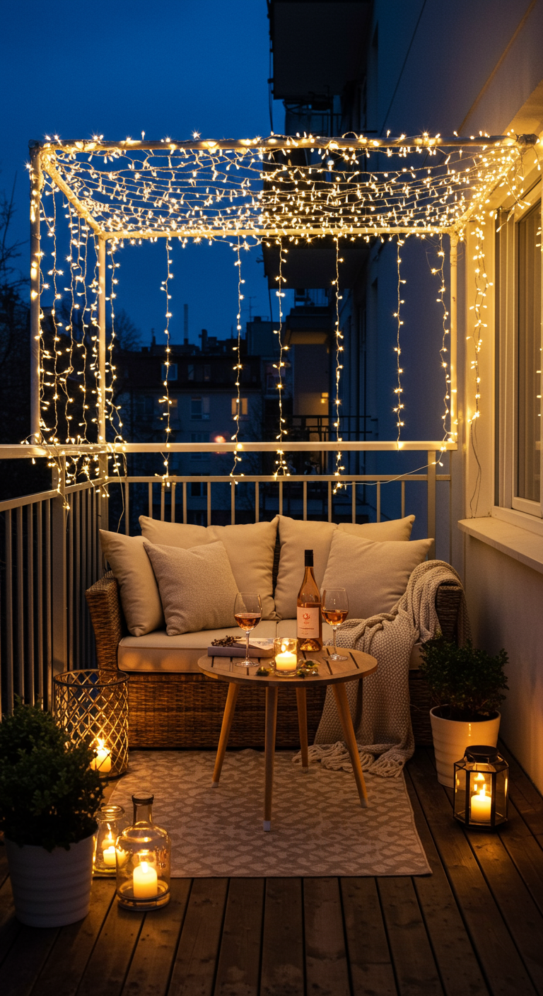 Gemütlicher Balkon mit Lichterketten-Baldachin, Sofa und Kerzen bei Nacht.
